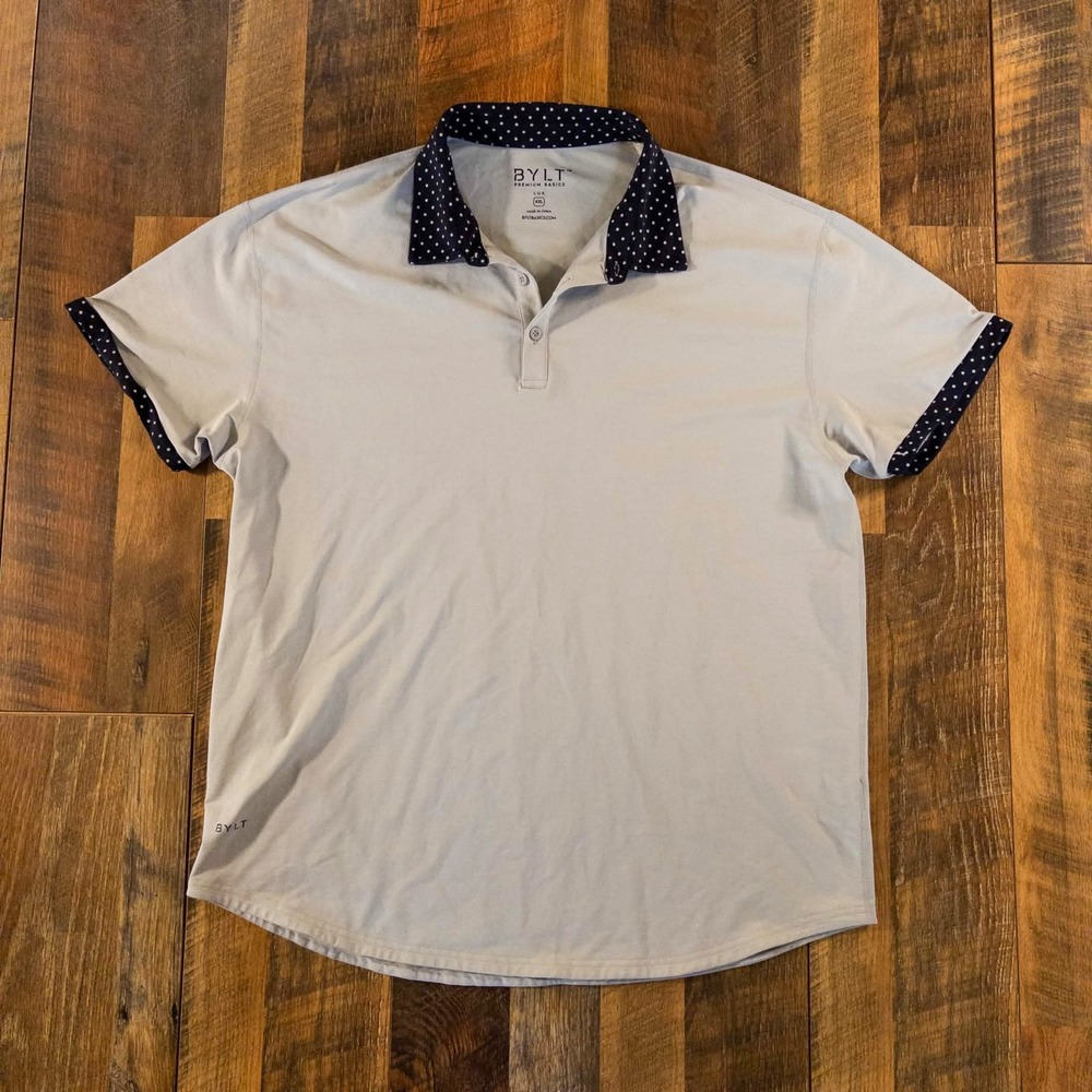 BYLT Premium Basics Lux Polo Shirt Men's XXL Grey Navy Polka Dot Collar Trim